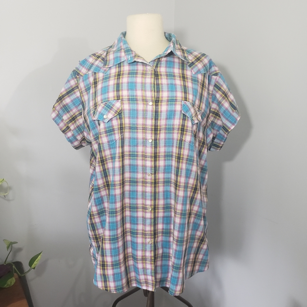 🎉Host Pick Pearl Snap Buttons short sleeve plaid Size 3XL Wrangler